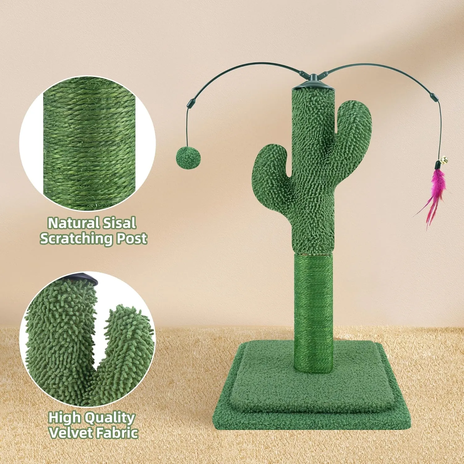 YUNIQUE 23.6" Cat Scratching Post, Cactus Cat Scratcher with Natural Sisal Rope for Indoor Cats, Claw Scratcher Green Cat Tree with Dangling Balls and Feather for Small Cats Kittens