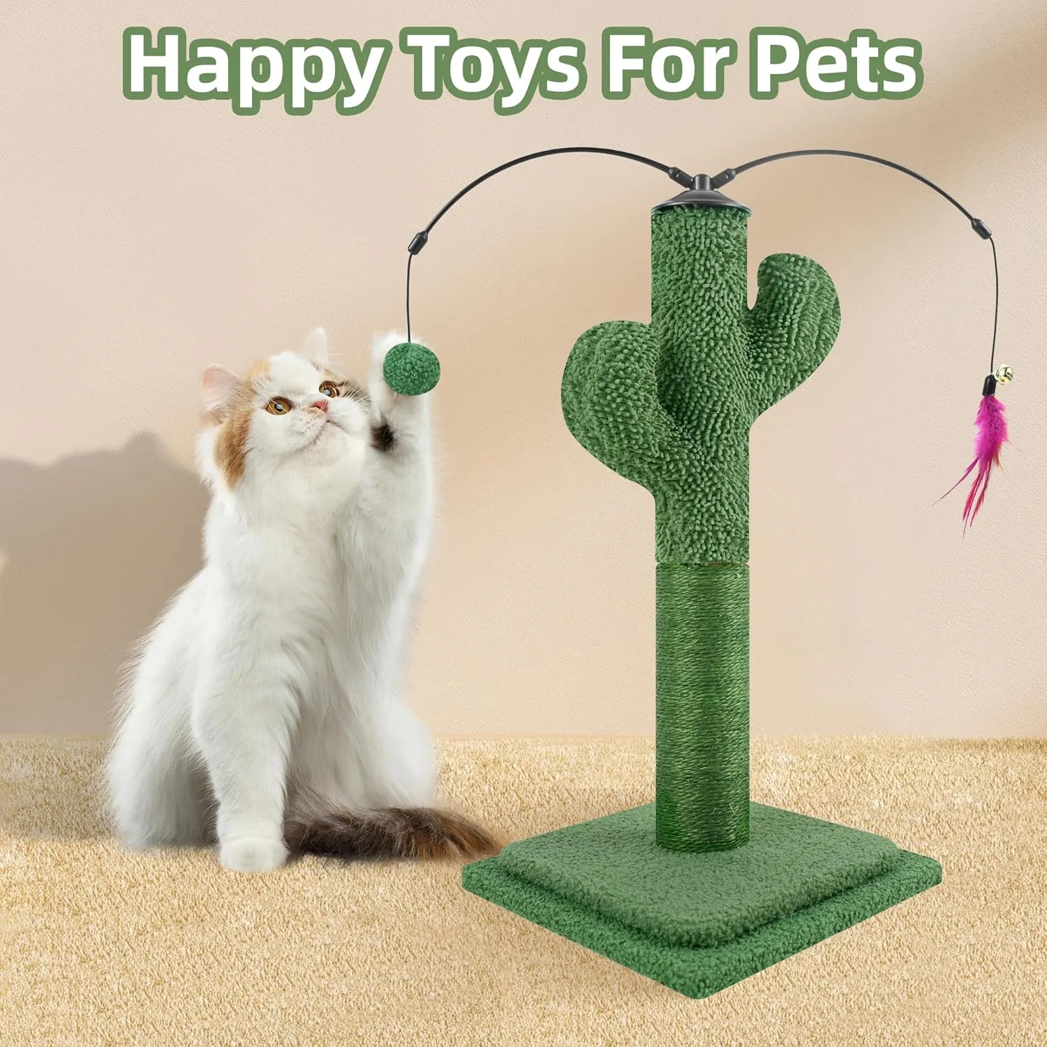 YUNIQUE 23.6" Cat Scratching Post, Cactus Cat Scratcher with Natural Sisal Rope for Indoor Cats, Claw Scratcher Green Cat Tree with Dangling Balls and Feather for Small Cats Kittens